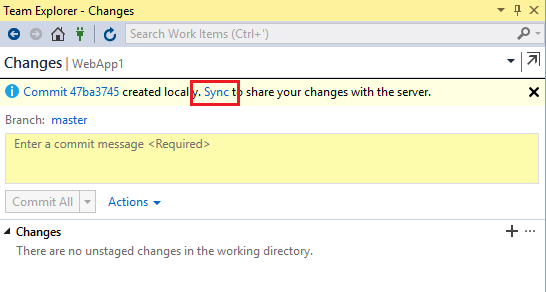 Screenshot of Visual Studio team Explorer on the Changes pane with a description entered and the sync link highlighted.